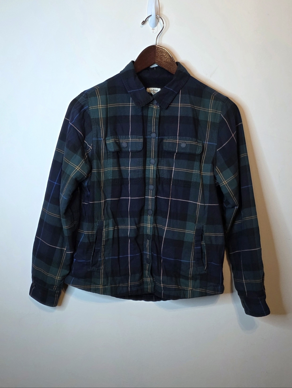 L.L. Bean Blue Green Fleece Lined Flannel Shirt Jacket Shacket Size XS Petite